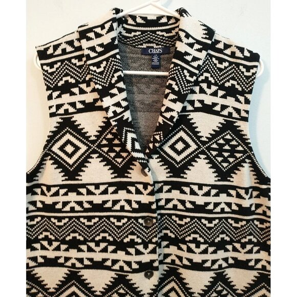 CHAPS Sweater Vest Button Up Black Ivory Southwest Aztec Cotton Knit - Large - Picture 2 of 8